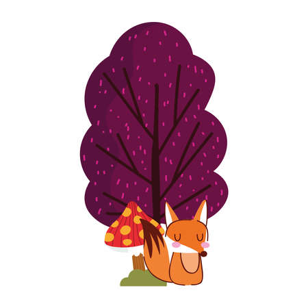 hello autumn, cartoon cute fox house mushrooms tree vector illustrationのイラスト素材