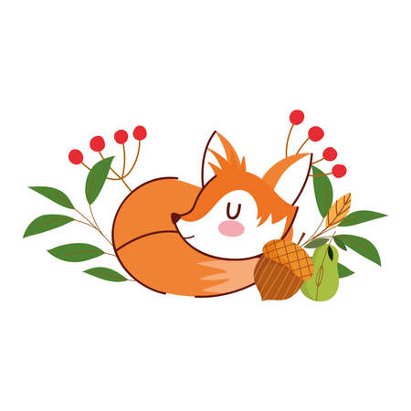 hello autumn, sleeping fox acorn flowers leaves foliage vector illustrationのイラスト素材