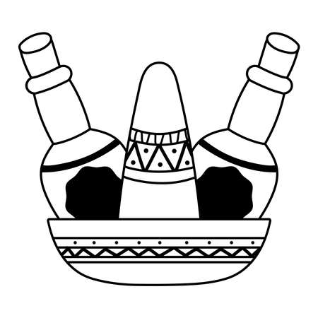 mexican independence day, traditional hat tequila bottles, celebrated on september vector illustration line styleのイラスト素材