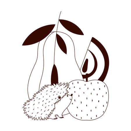 autumn hedgehog pear apple fruits isolated design white background vector illustration line styleのイラスト素材
