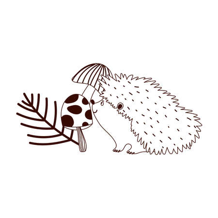 autumn hedgehog mushrooms branch isolated design white background vector illustration line styleのイラスト素材