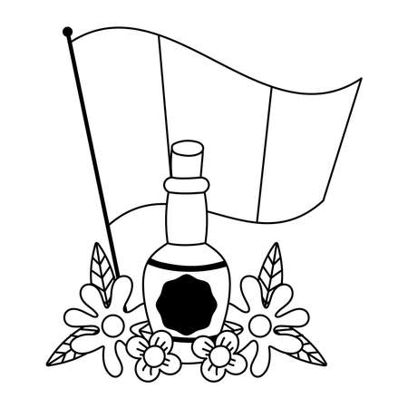 mexican independence day, flag tequila bottle and flowers, celebrated on september vector illustration line styleのイラスト素材