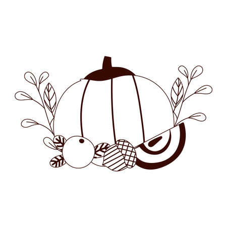 autumn pumpkin apple acorn branch leaves isolated design white background vector illustration line styleのイラスト素材