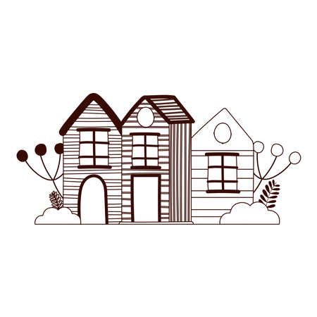 cartoon houses mushrooms branches bush foliage white background vector illustration line styleのイラスト素材