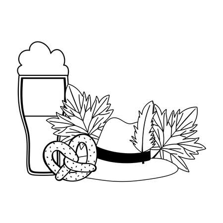 oktoberfest festival, hat with feather pretzel and autunm leaves, celebration germany traditional vector illustration line styleのイラスト素材