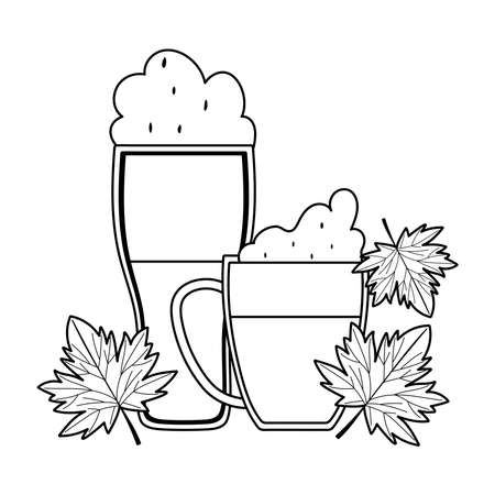 oktoberfest festival, mug beers with leaves celebration germany traditional vector illustration line styleのイラスト素材