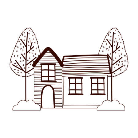 vintage houses trees bushes cartoon isolated design white background vector illustration line styleのイラスト素材