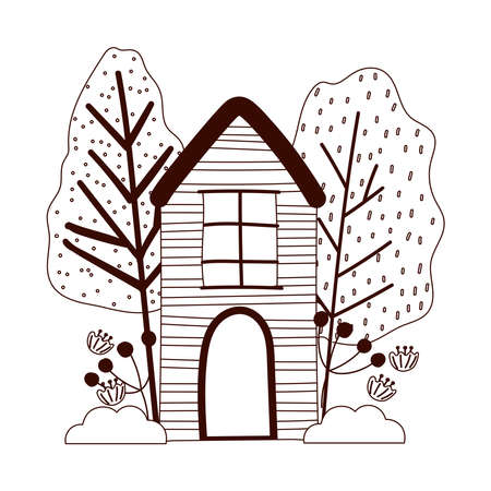 countryside house trees leaves nature isolated design white background vector illustration line styleのイラスト素材
