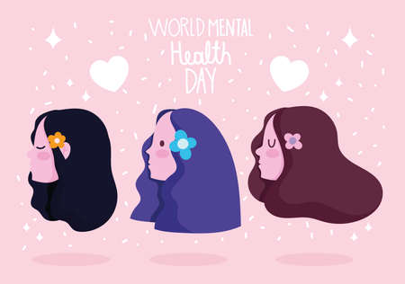 world mental health day, female profile head with flowers cartoon vector illustrationのイラスト素材