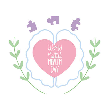 world mental health day, phrase in heart brain puzzles jigsaw pieces vector illustrationのイラスト素材