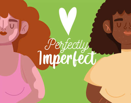 perfectly imperfect, cartoon women with vitiligo and freckles characters vector illustrationのイラスト素材
