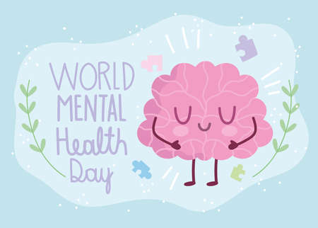 world mental health day, inscription cartoon brain puzzles foliage vector illustrationのイラスト素材