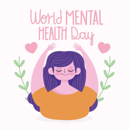 world mental health day, smiling woman hearts love branches leaves cartoon vector illustrationのイラスト素材