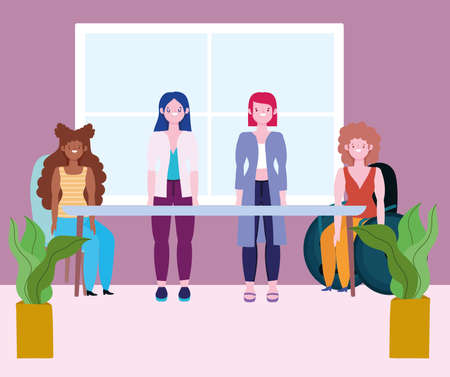 diversity and inclusion, female group different with disability and diverse stature and ethnicity vector illustrationのイラスト素材