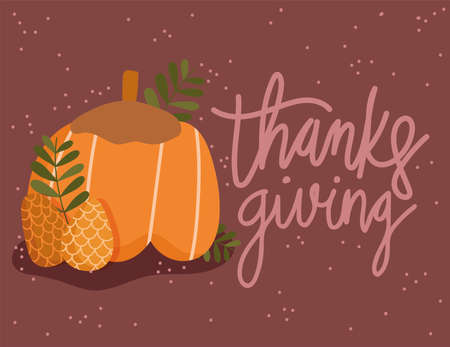 happy thanksgiving, pumpkin pine cones autumn leaves brown background vector illustrationのイラスト素材