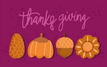 happy thanksgiving, autumn pumpkin acorn flower and pine cone banner vector illustrationのイラスト素材
