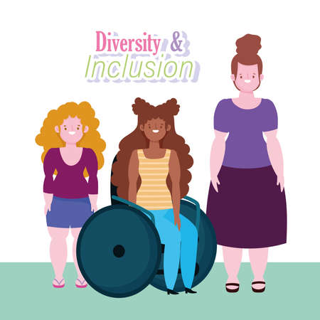 diversity and inclusion, afro american woman on wheelchair and short tall stature women cartoon vector illustrationのイラスト素材