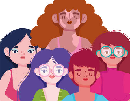 perfectly imperfect, cartoon young women with different skin types vector illustrationのイラスト素材