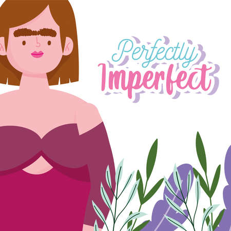 perfectly imperfect, cartoon woman portrait character leaves floral card vector illustrationのイラスト素材