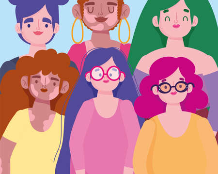 perfectly imperfect, group of young happy women portrait, problem skin and others disorder vector illustrationのイラスト素材