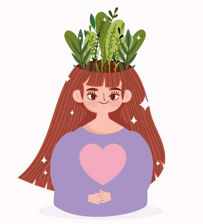 world mental health day, portrait woman with leaves in head vector illustrationのイラスト素材