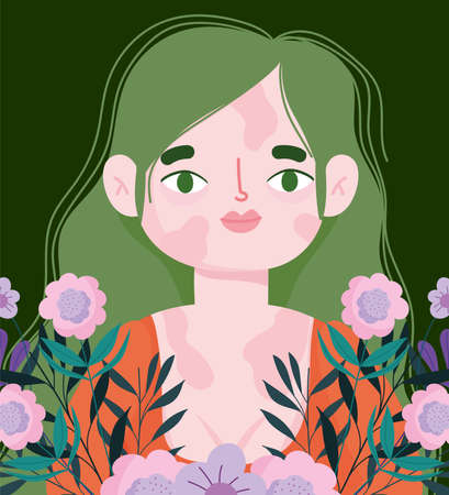 perfectly imperfect, young woman with vitiligo on their face and body, flowers floral decoration vector illustrationのイラスト素材