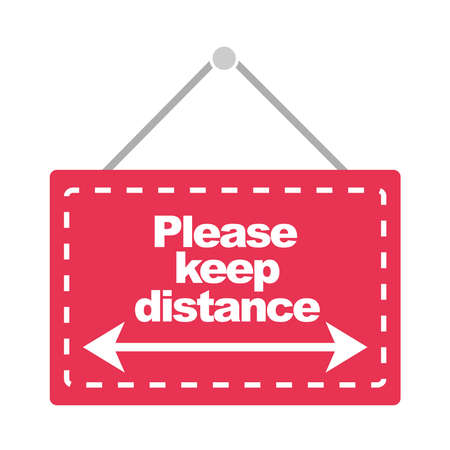 hanging signboard please keep distance text vector illustration flat iconのイラスト素材