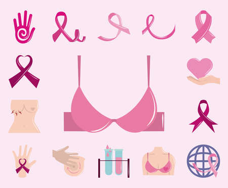 breast cancer awareness month, pink ribbon chest female bra heart healthcare stock set flat icons vector illustrationのイラスト素材