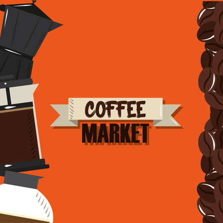 coffee market, kettle french press and maker beans drink vector illustrationのイラスト素材