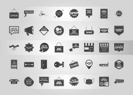 were open, collection different announce sign boards, silhouette icons vector illustrationのイラスト素材