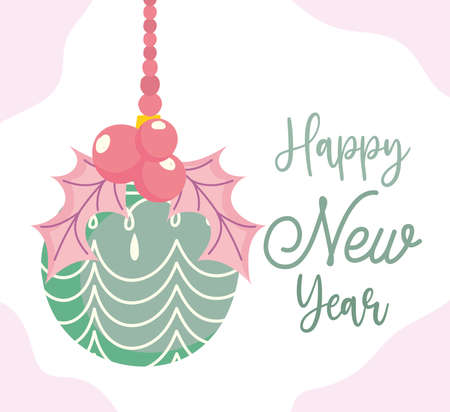 happy new year, elegant ball holly berry decoration celebration party, floral design for card vector illustrationのイラスト素材