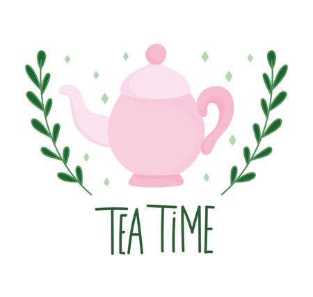 tea time pink teapot branches nature, kitchen ceramic drinkware, floral design cartoon vector illustrationのイラスト素材
