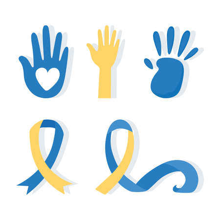 world down syndrome day, hands print paint and awareness ribbon vector illustrationのイラスト素材