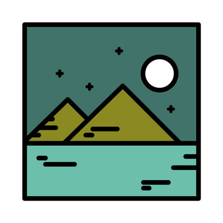 landscape mountains night moon nature cartoon line and fill style vector illustration