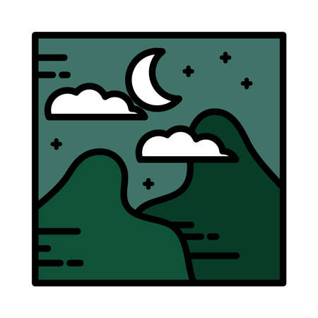 landscape mountains nature night moon clouds sky cartoon line and fill style vector illustrationのイラスト素材