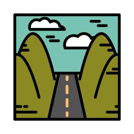 landscape road valley mountains sky clouds nature cartoon line and fill style vector illustrationのイラスト素材