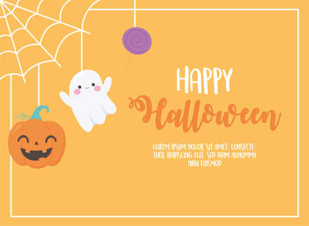 happy halloween hanging pumpkin ghost candy on web card vector illustrationのイラスト素材