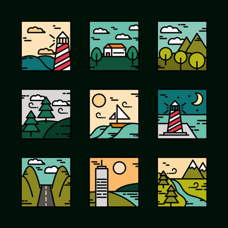 landscapes icons set, nature mountains summer night ocean road line and fill style vector illustrationのイラスト素材
