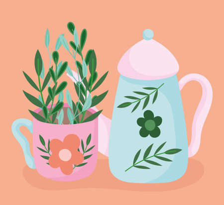 tea time, kettle and cup flower branch print, kitchen ceramic drinkware, floral design cartoon vector illustrationのイラスト素材