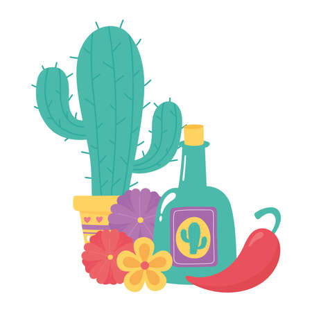 day of the dead, potted cactus tequila chili pepper and flowers mexican celebration vector illustrationのイラスト素材