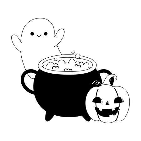 happy halloween pumpkin ghost and cauldron celebration vector illustration line styleのイラスト素材