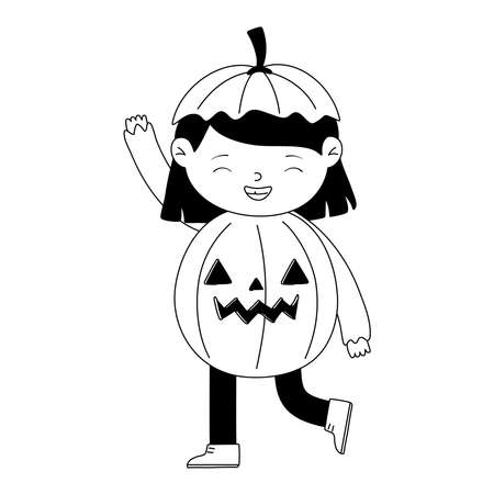 happy halloween, girl pumpkin costume cartoon character isolated design icon vector illustration line styleのイラスト素材