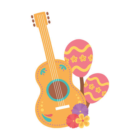 day of the dead, guitar maracas and flowers mexican celebration vector illustrationのイラスト素材
