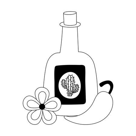 day of the dead, tequila bottle flower and chili pepper mexican celebration vector illustration line styleのイラスト素材