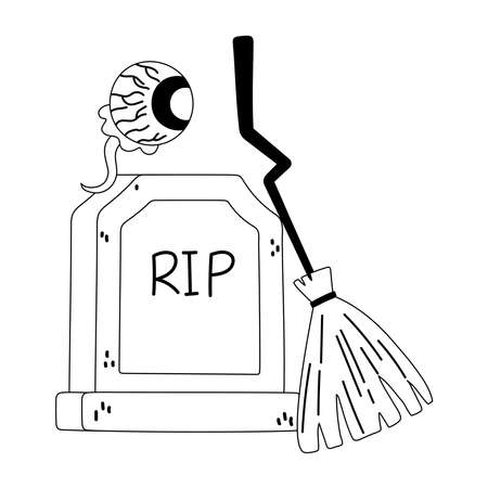 happy halloween spooky eye broom and tombstone vector illustration line styleのイラスト素材