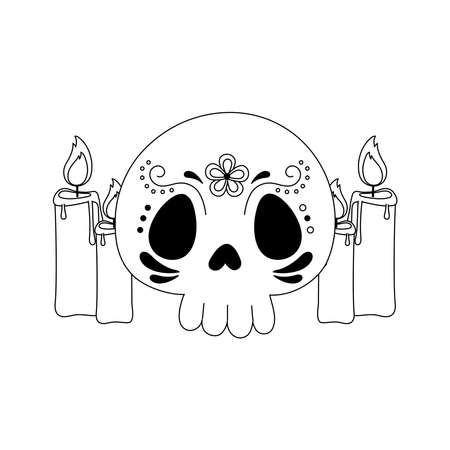 day of the dead, skull with flower and candles decoration mexican celebration vector illustration line styleのイラスト素材