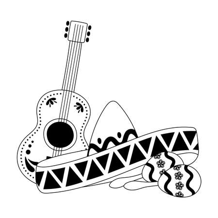 day of the dead, traditional hat guitar and maracas mexican celebration vector illustration line styleのイラスト素材