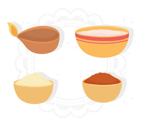 happy bhai dooj, light spices food in bowls icons, indian family celebration vector illustrationのイラスト素材