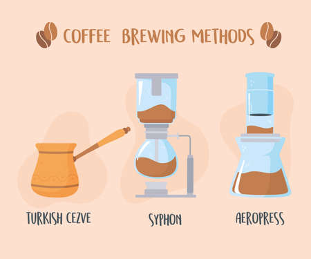 different coffee brewing methods, turkish syphon and aeropress vector illustrationのイラスト素材