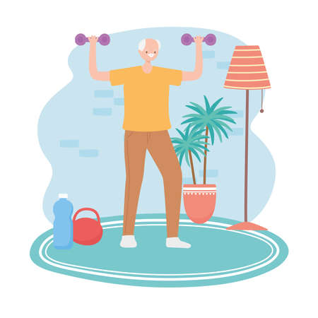 activity seniors, elderly man lifting dumbbells in the room vector illustrationのイラスト素材
